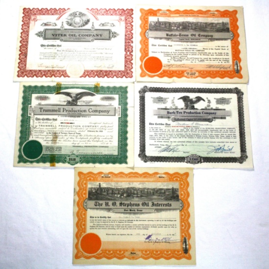Lot of 5 vintage Texas oil company stock certificates