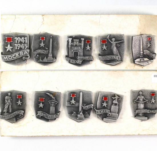 Complete set of 10 Russian WWII commemorative pins on their original card