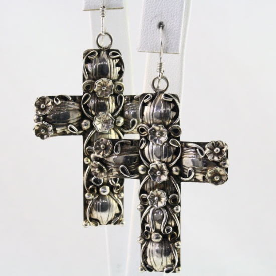 Pair of estate sterling silver Native American floral cross earrings