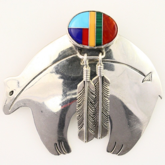 Estate sterling silver Native American bear & feathers pin/pendant