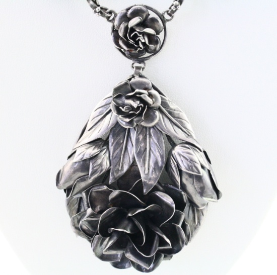 Estate sterling silver rose & bud necklace