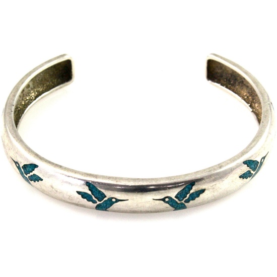 Estate sterling silver Native American turquoise hummingbird cuff bracelet
