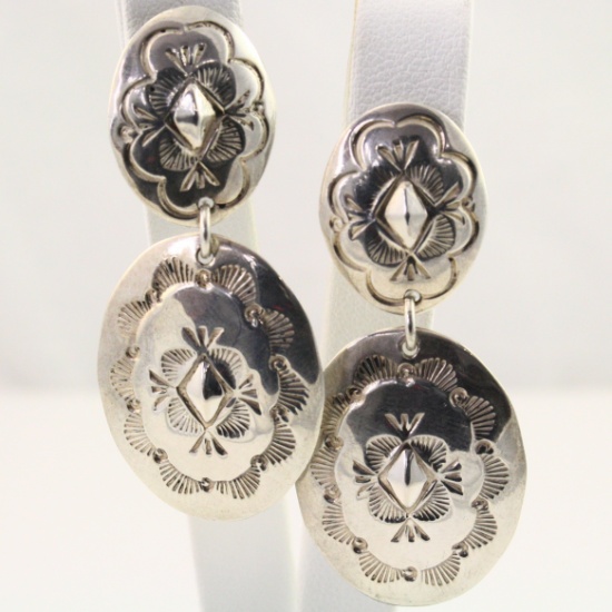 Pair of estate sterling silver Native American oval drop earrings