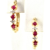 Pair of 14K yellow gold diamond & natural ruby hoop earrings