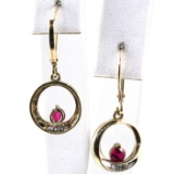 Pair of estate 10K yellow gold diamond & ruby dangle earrings