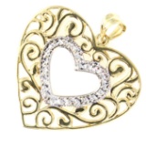 Estate 10K yellow & white gold diamond-cut heart pendant