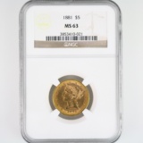 Certified 1881 U.S. $5 Liberty head gold coin