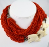 Estate coral, bone & white metal necklace