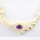 Estate genuine ivory amethyst, natural ruby, emerald & sapphire necklace with gold accents