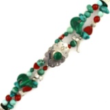 Estate sterling silver Native American turquoise, jasper & carnelian animal fetish bracelet