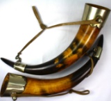 Pair of bull horns with metal hardware & leather straps