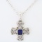 Estate Judith Ripka sterling blue sapphire & white topaz cross on a Judith Ripka cable chain