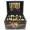 Estate gold-plated F.B. Rogers flatware set in a hand-painted 3-tiered storage box