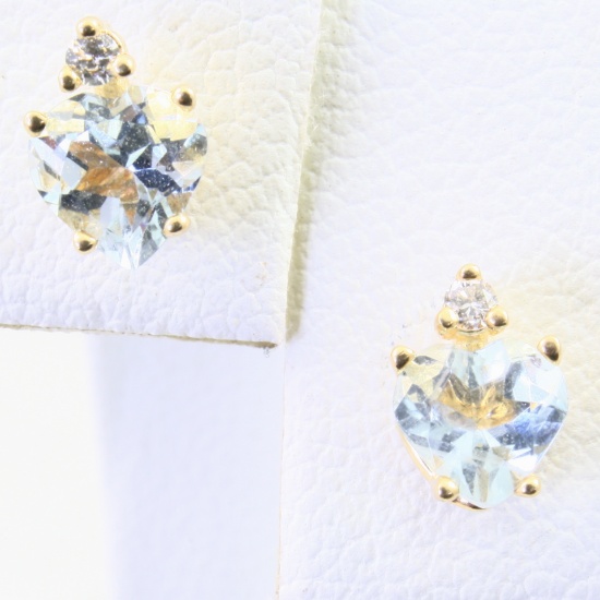 Pair of estate 14K yellow gold diamond & aquamarine heart stud earrings