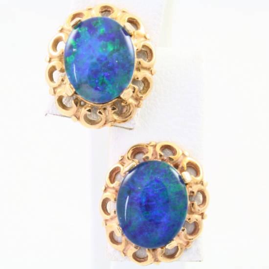 Pair of vintage unmarked 14K yellow gold opal stud earrings