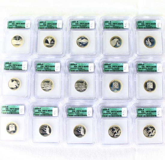 Investor's lot of 15 certified 2007 & 2008 U.S. proof 90% silver state quarters