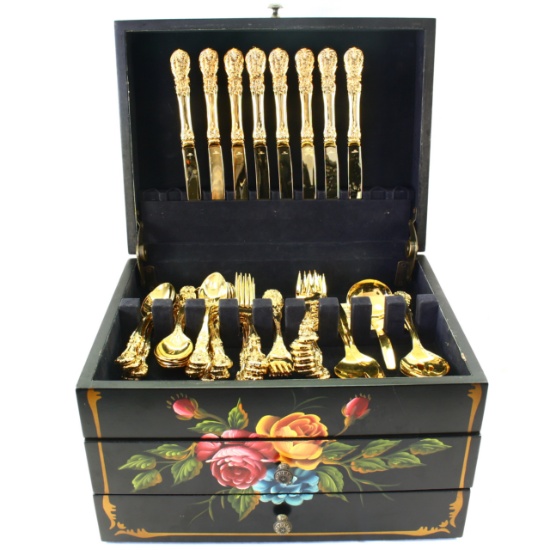 Estate gold-plated F.B. Rogers flatware set in a hand-painted 3-tiered storage box
