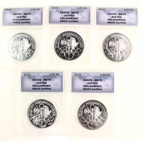 Investor's lot of 5 certified 2010 Austria 1.50 Euro silver Philharmonics