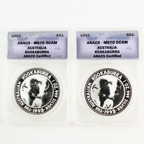 Investor's lot of 2 certified 1993 Australia $1 silver Kookaburras