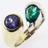 Estate 14K white & yellow gold natural emerald & tanzanite bypass ring