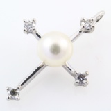 Estate unmarked 14K white gold diamond & pearl cross pendant