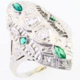 Vintage Art Deco 18K white gold diamond & natural emerald ring
