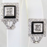 Pair of estate 18K white gold diamond & onyx earrings