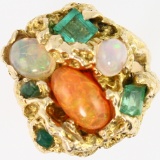Estate 14K yellow gold natural emerald & opal ring