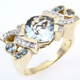 Estate 14K yellow gold diamond, aquamarine & blue topaz ring