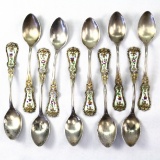 Lot of 10 antique enameled sterling silver demi-tasse spoons