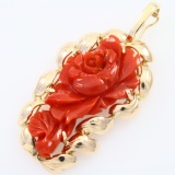 Estate 14K yellow gold carved coral flower pendant