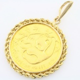 Estate 1985 China 1/2oz 24K Gold Panda in a 14K yellow gold rope bezel pendant