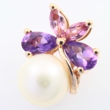 Estate 10K yellow gold pearl, amethyst & pink sapphire pendant