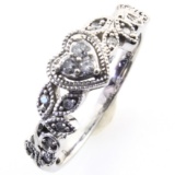 Estate 10K white gold diamond heart & vine ring