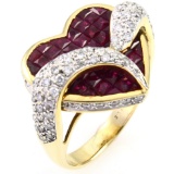 Estate 18K yellow gold diamond & natural ruby mosaic heart ring