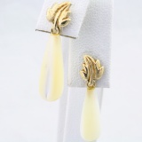 Pair of vintage 14K yellow gold leaf mother-of-pearl dangle earrings