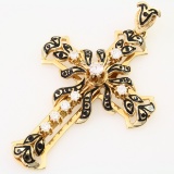 Vintage 14K yellow gold diamond & enamel cross pendant