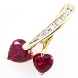 Estate 10K yellow gold diamond & ruby double heart pendant