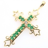 Estate 14K yellow gold ornate diamond & natural emerald cross pendant