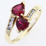 Estate 10K yellow gold diamond & ruby double heart ring