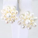 Pair of estate round & oval pearl flower cluster stud earrings with 14K yellow gold posts & backs