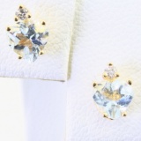 Pair of estate 14K yellow gold diamond & aquamarine heart stud earrings