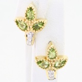 Pair of estate 14K yellow gold diamond & peridot leaf earrings