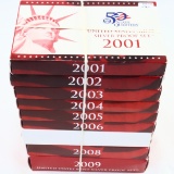 Continuous run of 9 2001-2009 U.S. silver proof sets