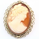 Vintage genuine carved shell cameo pin/pendant with yellow gold-filled frame