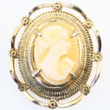 Vintage genuine carved shell cameo pin with yellow gold-plated frame