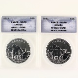 Investor's lot of 2 certified 2011 Canada $5 silver Grizzly Bears
