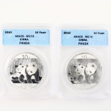 Investor's lot of 2 certified 2010 China 10 yuan silver Pandas