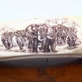 Authentic signed scrimshaw elephant ivory tusk on burlwood desk display