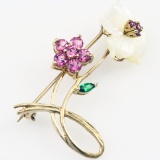 Estate 10K yellow gold carved mother of pearl flower pin with pink & green spinels